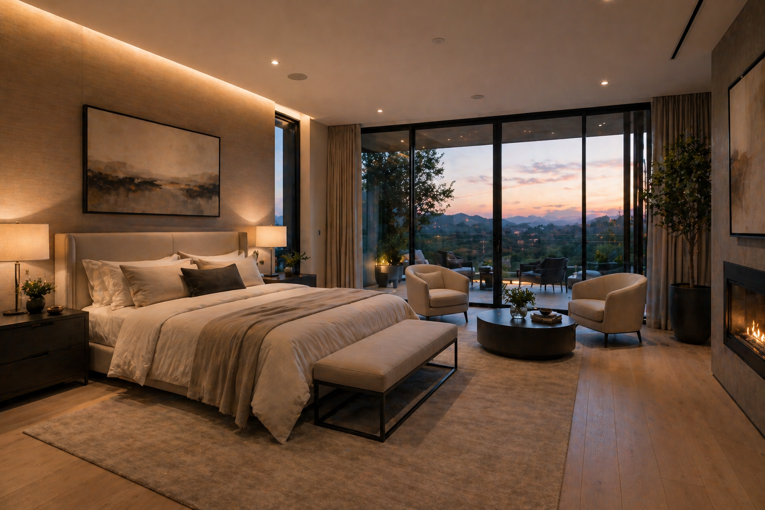 Golden Hour Suite — luxury bedroom with floor-to-ceiling sunset view